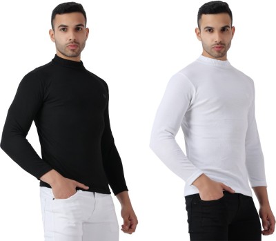 Maleno Solid Men High Neck White, Black T-Shirt