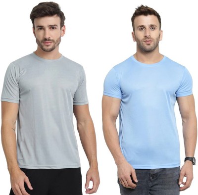 ManGOD Solid Men Round Neck Grey, Light Blue T-Shirt