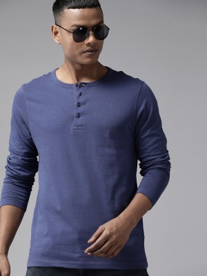 Roadster Solid Men Henley Neck Blue T-Shirt