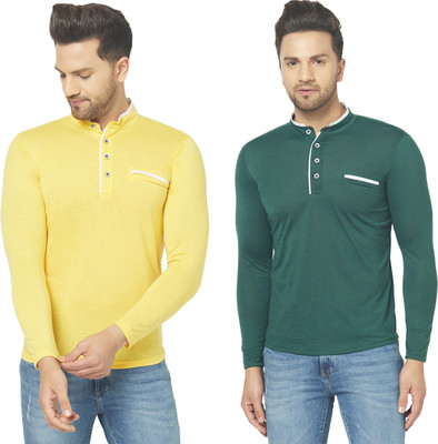 JB Jagoboy Solid Men Mandarin Collar Dark Green, Yellow T-Shirt