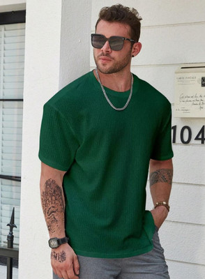 HOOKNEER Solid Men Round Neck Dark Green T-Shirt