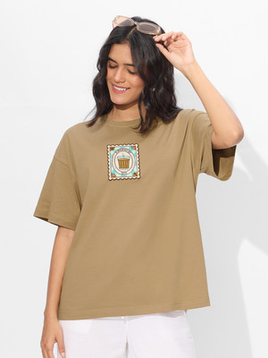 The Souled Store Printed Women Round Neck Beige T-Shirt