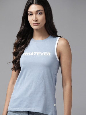 Roadster Printed Women Round Neck Blue T-Shirt