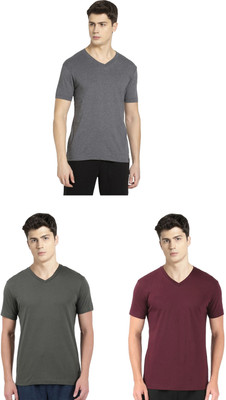 JOCKEY Solid Men V Neck Grey, Dark Green, Maroon T-Shirt