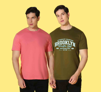 WOOSTRO Printed Men Round Neck Orange, Dark Green T-Shirt