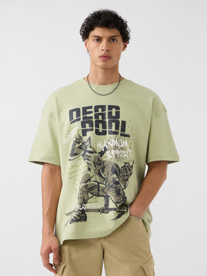 The Souled Store Printed Men Round Neck Green T-Shirt