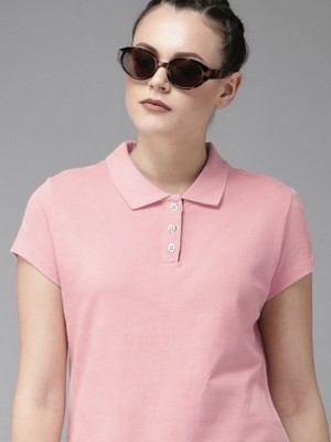 Merriment Solid Women Polo Neck Pink T-Shirt