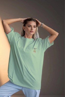 BLURR Printed Women Round Neck Light Green T-Shirt