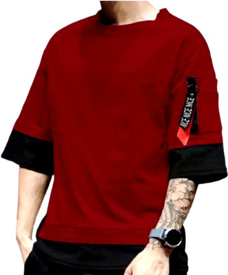SAHAL Colorblock Men Round Neck Maroon T-Shirt