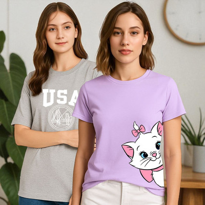 Elvia Printed Women Round Neck Purple, Grey T-Shirt