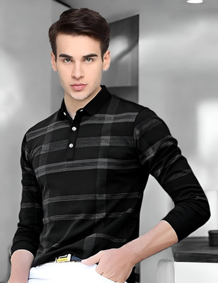 Autna Checkered Men Polo Neck Black T-Shirt
