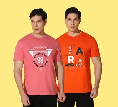 WOOSTRO Typography Men Round Neck Orange, Pink T-Shirt