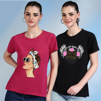 METRONAUT Printed Women Round Neck Black, Pink T-Shirt