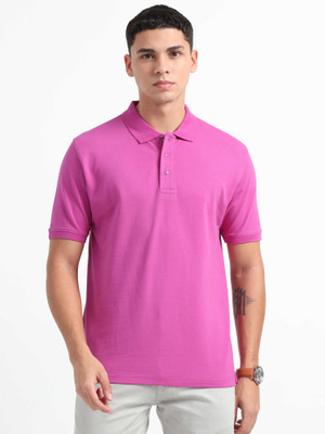 Caslay Solid Men Polo Neck Pink T-Shirt