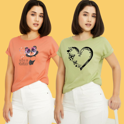 Kintu Parantu Printed Women Round Neck Pink, Green T-Shirt