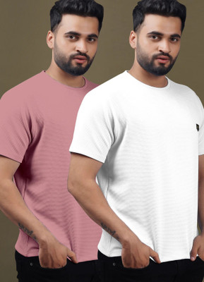 Yazole Solid Men Round Neck White, Pink T-Shirt