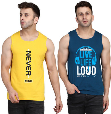 SLOWLORIS Printed, Colorblock Men Round Neck Dark Blue, Yellow T-Shirt