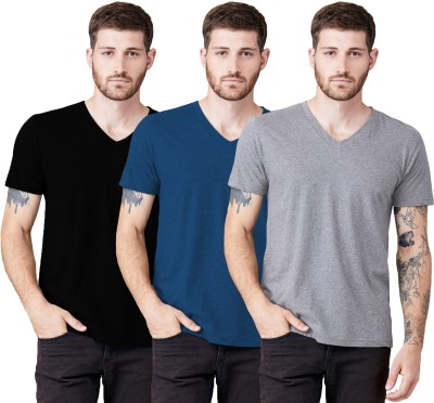 THE BLAZZE Solid Men Round Neck Silver, Dark Blue, Black T-Shirt