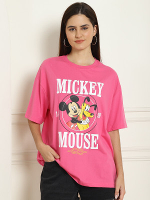 DISNEY by DreamBe Printed, Typography Women Round Neck Pink T-Shirt