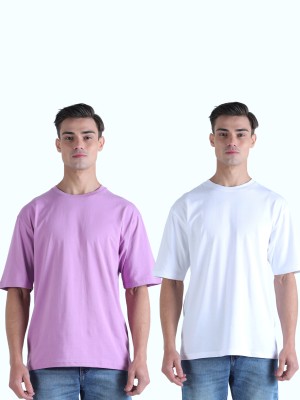 Soft knus Solid Men Round Neck Purple, White T-Shirt