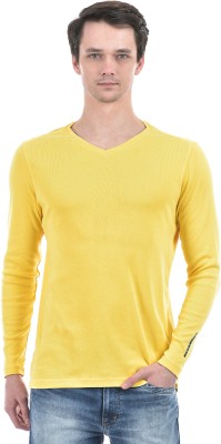 NUMERO UNO Solid Men V Neck Yellow T-Shirt