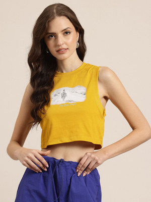 HERE&NOW Printed Women Round Neck Yellow T-Shirt