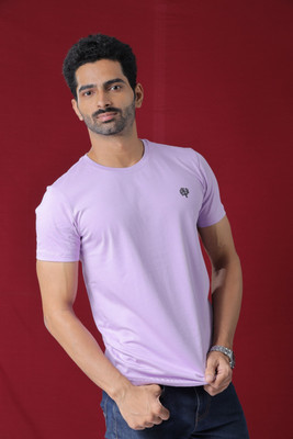 LEAFCARE Self Design Men Round Neck Purple T-Shirt