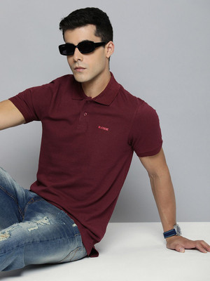 R.Code by The Roadster Life Co. Solid Men Polo Neck Maroon T-Shirt
