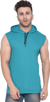GEUM Solid Men Hooded Neck Light Green T-Shirt