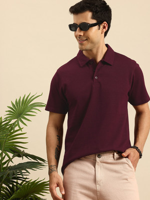 Mast & Harbour Self Design Men Polo Neck Maroon T-Shirt
