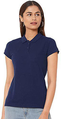 ARCADIAN THREADS Solid Women Polo Neck Dark Blue T-Shirt