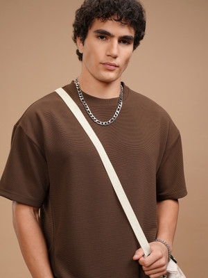 HIGHLANDER Solid Men Round Neck Brown T-Shirt