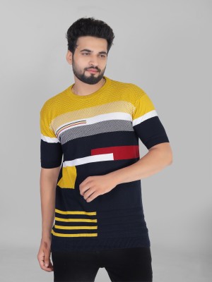 HouseOfCommon Striped Men Round Neck Yellow, Black T-Shirt