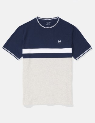 American Eagle Solid, Striped Men Polo Neck Blue T-Shirt