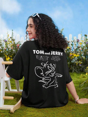TOM AND JERRY by DreamBe Printed Women Round Neck Black T-Shirt