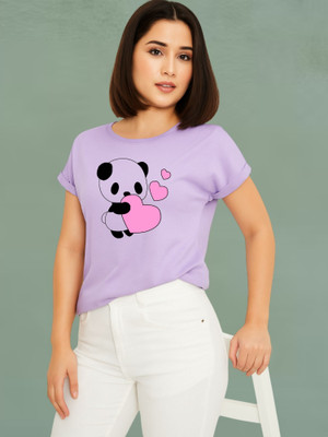 Lecowar Printed Women Round Neck Purple T-Shirt