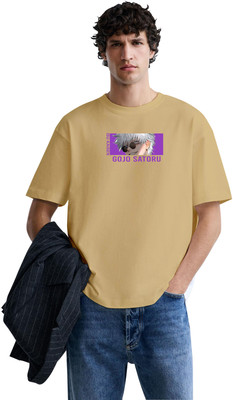 NOTSOFIT Printed Men Round Neck Beige T-Shirt