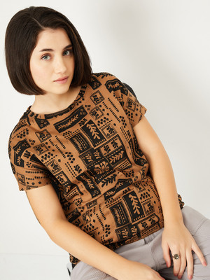 MAX Printed Women Round Neck Brown, Black T-Shirt