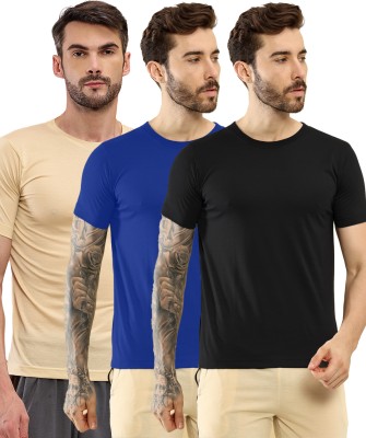 TT Solid Men Round Neck Black, Dark Blue, Beige T-Shirt