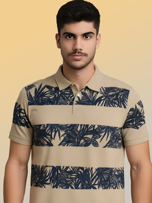 SINDHIGARMENT Striped Men Polo Neck Beige T-Shirt