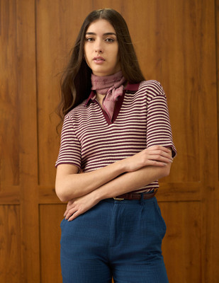 U.S. POLO ASSN. Striped Women Polo Neck Multicolor T-Shirt