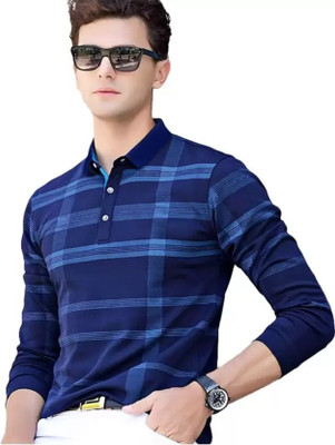 Bell Paper Checkered Men Polo Neck Dark Blue T-Shirt