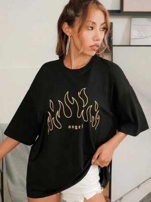 Calm Down Printed Women Round Neck Black T-Shirt