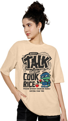 Leotude Printed Women Round Neck Beige T-Shirt