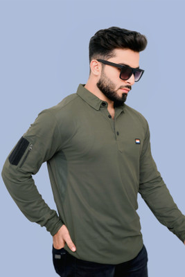 AZYXREN Self Design Men Polo Neck Dark Green T-Shirt