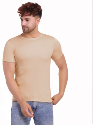 KASPY Solid Men Round Neck Beige T-Shirt