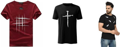 ATTITUDE START OF FASHION Printed Men Round Neck Maroon, Black T-Shirt