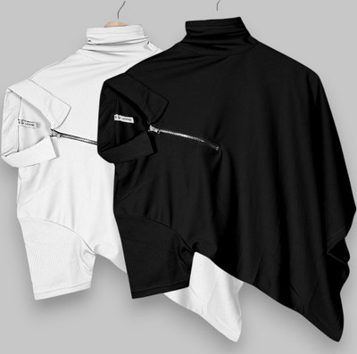 PRAIZY Self Design Men Zip Neck Black, White T-Shirt