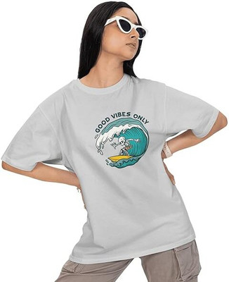 Carbonyte Printed Women Round Neck Grey T-Shirt