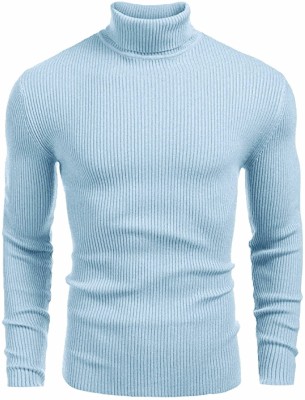 TRUST OUS Solid Men High Neck Light Blue T-Shirt